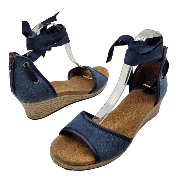 UGG Shoes - UGG Amell Womens Size 9 Blue Canvas Jute wrapped Ribbon Ankle tie Sandals Shoes